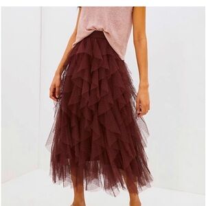 NWT Anthropologie Cheri Ruffle Tulle Midi Skirt Elastic Waist In Plum Size M